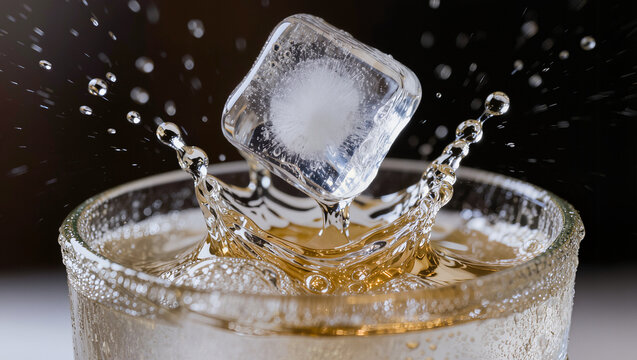 whiskey cocktail with ice splash in glass, premium spirits and bar beverage concept, refreshing drink photography with frozen cube and dramatic motion