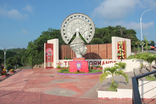 Papantla, Veracruz, Mexico - Oct 26, 2025: Sign at the entrance to Papantla in Veracruz, a Magical Town, famous for the Totonac culture, Voladores de Papantla,  and vanilla production