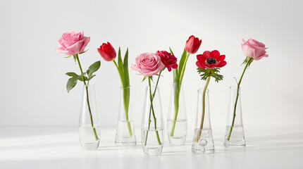 Obraz premium Minimalist Floral Arrangement In Clear Glass Bud Vases
