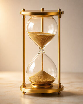 Luxury Brass Hourglass with Flowing Golden Sand on Warm Background