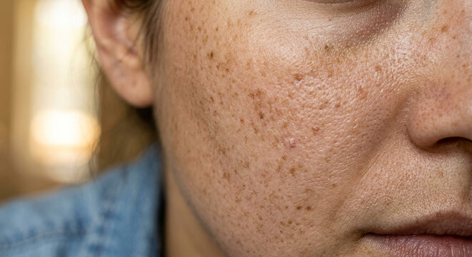 Close-up view of adult female facial skin with pigmentation spots and minor blemishes