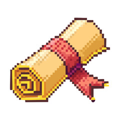 Fototapeta premium Rolled magic scroll with red ribbon for spell learning and secret document discovery icons in fantasy RPG