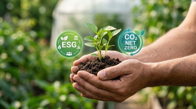 Hands Holding Seedling ESG Sustainability Concept with Net Zero Carbon Emissions Goals
