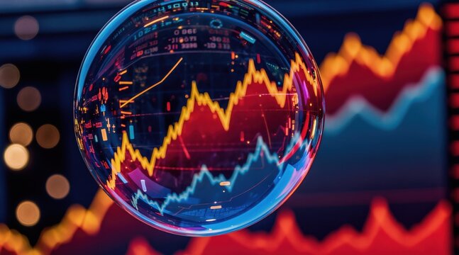 Glass sphere reflects stock charts and financial data. Graphs show market trends and economic data in abstract digital space. Bubble visualizes finance.