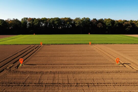 Orange location pins mark zones on plowed farm fields under a clear blue sky. Tilled brown earth contrasts with a vibrant green crop in background, suggesting land division for development.