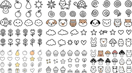 Estores personalizados con tu foto Mega Collection of Cute Kawaii Doodle Vector Icons Featuring Animals Food Nature and Minimalist Line Art Symbols for Kids Stickers Coloring Books and Digital Planner Designs
