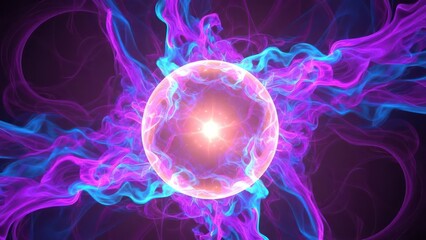 Abstract luminous sphere radiating energy with flowing violet and turquoise trails