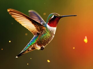 Obraz premium Small hummingbird hovers with wings blurred mid air. Bird has red throat green body iridescent feathers. Tiny particles glow in soft light bokeh background.