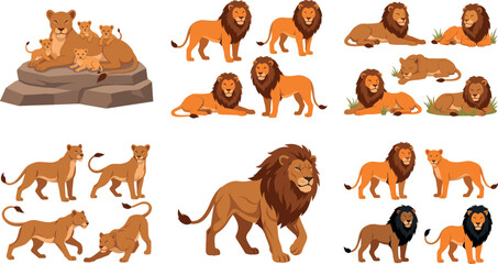 Majestic African Lion Pride Vector Set Featuring Male Lions, Lionesses, and Cute Cubs in Various Poses Including Walking, Sitting, and Lying Down for Wildlife Designs © MbBasir