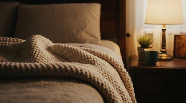 Cozy bedroom setup with warm lamp light. Knitted blanket covers bed. Mug and plant on nightstand beside pillow. Peaceful home setting for rest.