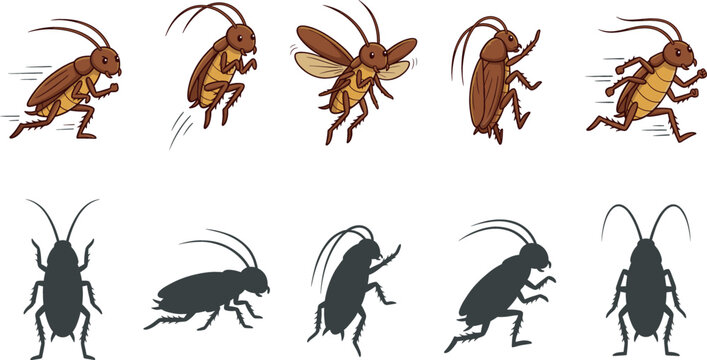 Cockroach Vector Illustration Set Featuring Cartoon Insects Running and Flying with Matching Black Silhouette Icons for Pest Control Services and Hygiene Education Designs