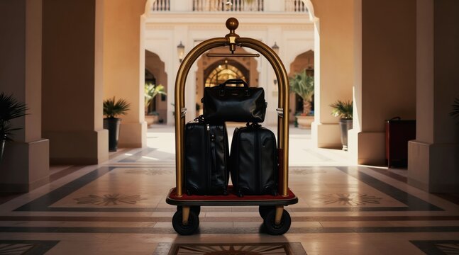 Luggage cart with black suitcases waits in hotel corridor. Bellhop trolley near entrance with bell boy service, guest baggage transport. Luxury travel, vacation arrival, porter assistance.