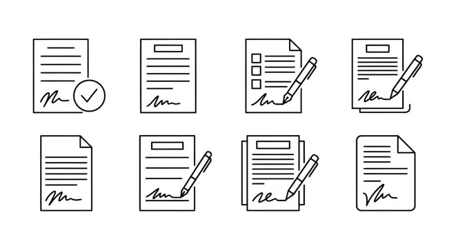 Collection of line art document icons with checkmarks and signatures for business forms and approvals.