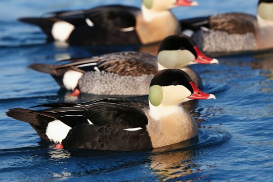 Male King Eider ducks swim in blue water. Birds have black heads white chests red bills and green cheek patches. They are aquatic animals found in northern regions.