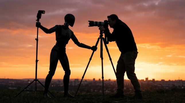 Photographer Shooting Silhouette of Female Mannequin Robot Model at Sunset Outdoors Artificial Intelligence Concept