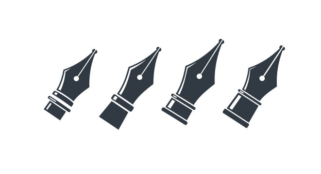 Four fountain pen nib icons arranged in a row for a writing tools vector illustration.