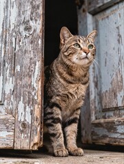 Obraz premium Alert tabby cat looking out from weathered rustic wooden door frame ideal for animal shelter and home pet adoption advertisement