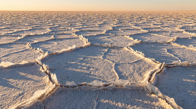 Salt flat cracked into hexagonal plates creating sharp geometric patterns dramatic natural texture desert landscape