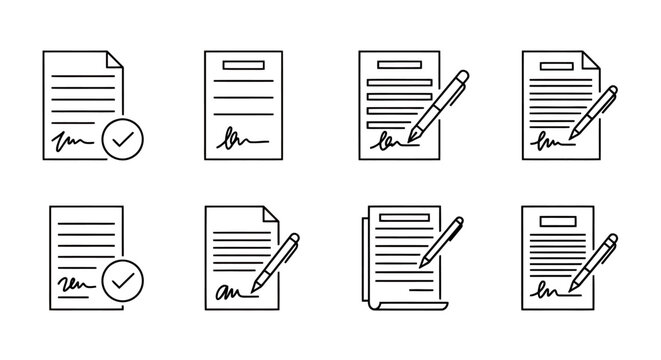 Nine flat line-art document checklist icons for planning, administration and project tasks.