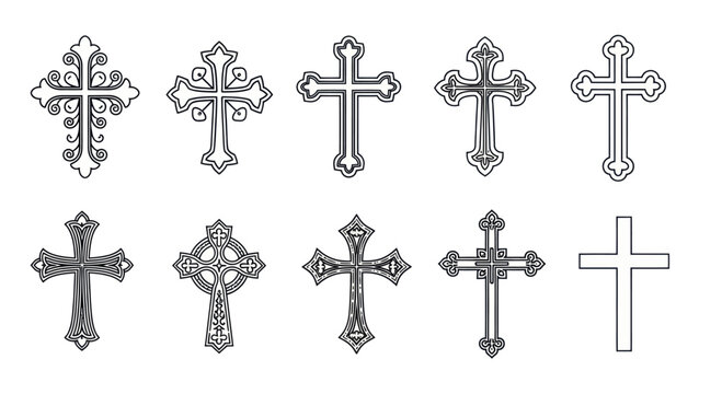 Collection of ornate and simple Christian crosses in various styles.