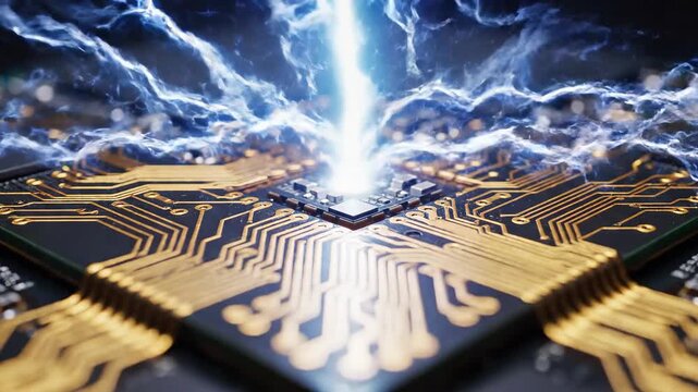 Central bank monetary policy impact illustrated by digital circuit board electric energy flow and microchip technology sparks