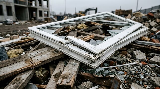 Destruction aftermath with window frame and rubble debris in urban environment showing building collapse and damaged architecture from ground-level viewpoint