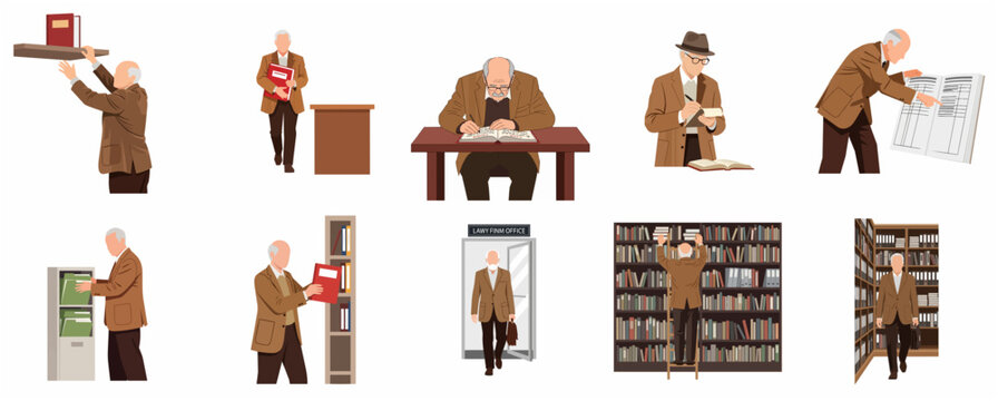 Flat illustration set of an elderly professional lawyer or professor working in a library, law office, and archive, researching and managing documents.