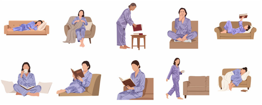 Collection of flat vector illustrations of a woman in purple pajamas relaxing at home, reading, sleeping, and knitting