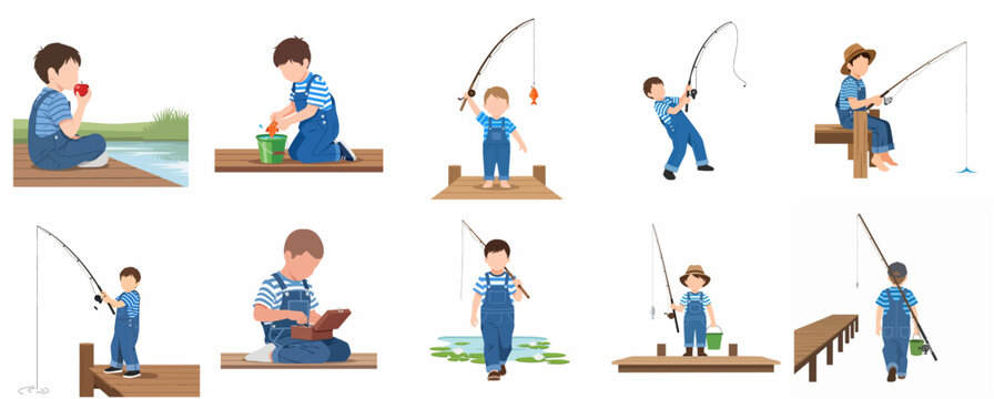 Set of Vector Illustrations Featuring a Little Boy Fishing by the Lake, Sitting on a Wooden Dock with Fishing Gear and Catch