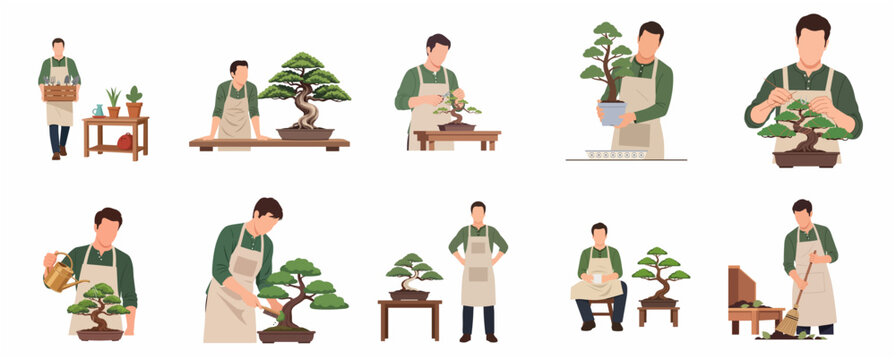 Set of Bonsai Care Illustrations Featuring a Man Pruning, Watering, and Maintaining Miniature Trees in Pots for Gardening Hobby and Zen Lifestyle