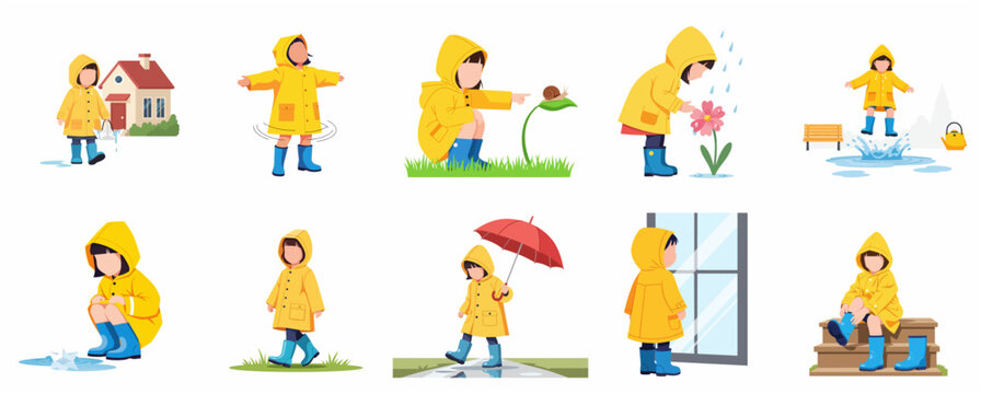 Set of flat vector illustrations featuring a cute little girl in a yellow raincoat and blue boots enjoying various rainy day activities.