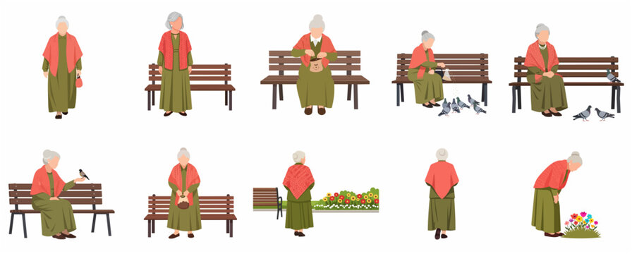 Elderly woman character set performing various activities in a park, feeding birds, sitting on a bench, and admiring flowers. Flat vector illustration isolated on white background.