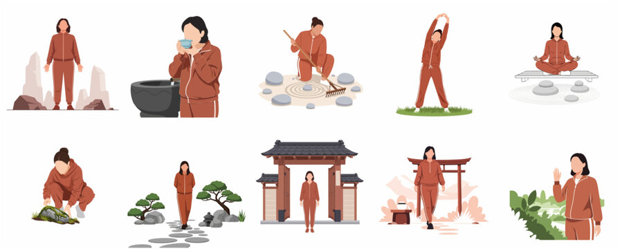 Vector Illustrations of Zen Mindfulness Activities with a Woman in a Tracksuit, Featuring Meditation, Tea Ceremony, and Japanese Garden Gardening for Wellness and Peace.