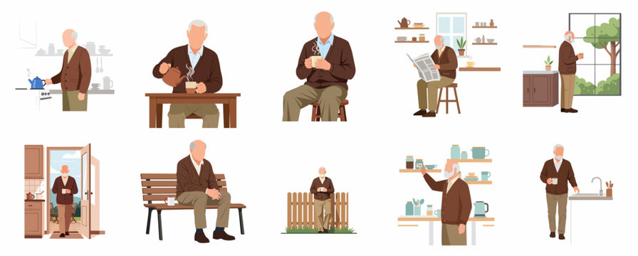 Elderly man daily routine and activities set vector illustration