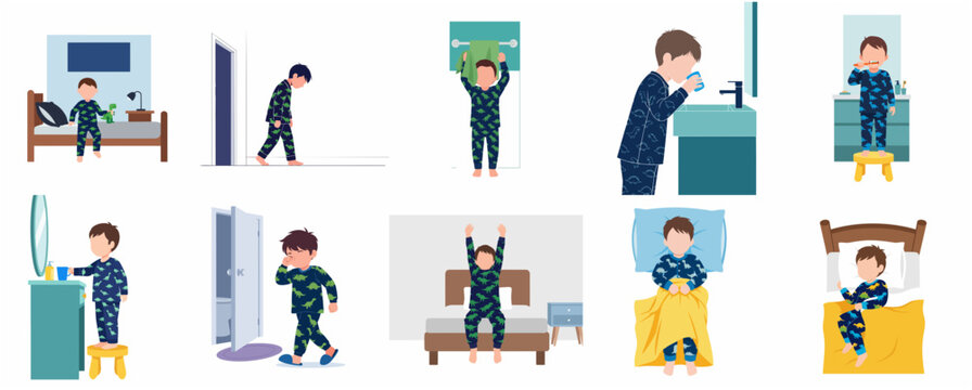 Little Boy Bedtime and Morning Routine Activities Illustration Set, Child Brushing Teeth, Sleeping, and Waking Up in Dinosaur Pajamas