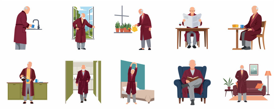 Senior Man Daily Morning Routine and Home Activities Vector Illustration Set