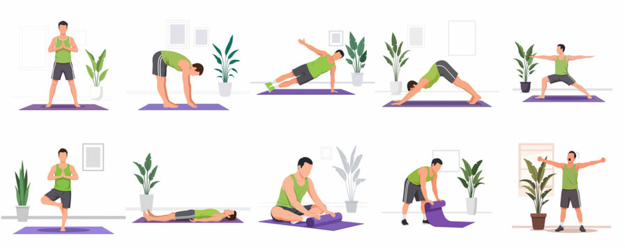 Set of flat vector illustrations of a man practicing various yoga poses and fitness exercises at home for health and wellness