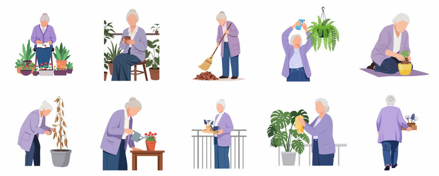 Active Senior Woman Gardening and Houseplant Care Activities Set, Flat Vector Illustration