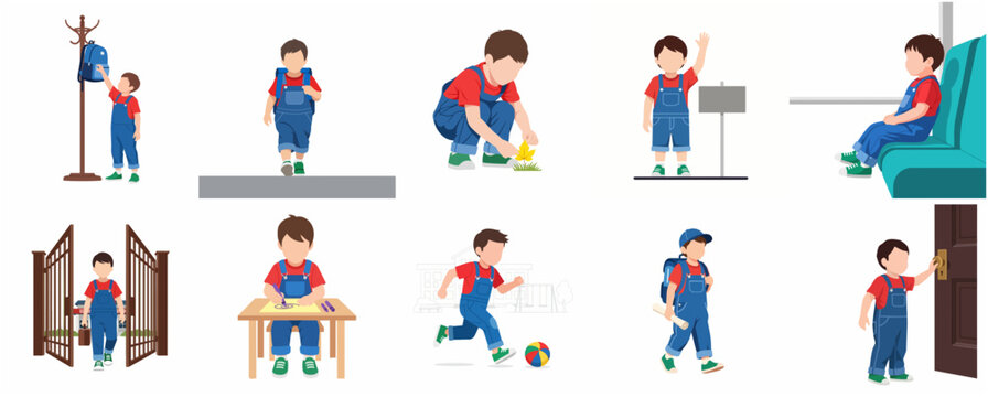 Little Boy Student Character Daily School Routine and Childhood Activities Vector Illustration Set