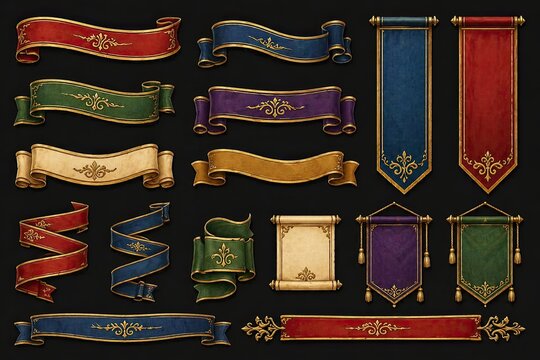 Elegant vintage banners and scrolls set: ornate decorative ribbons in rich colors on black background