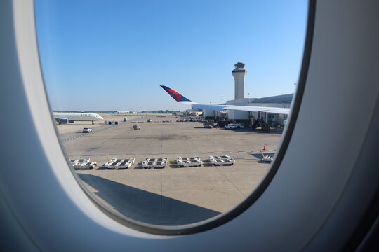 Control tower at DTW Detroit Metropolitan Wayne County Airport in Detroit, USA. September 5, 2023