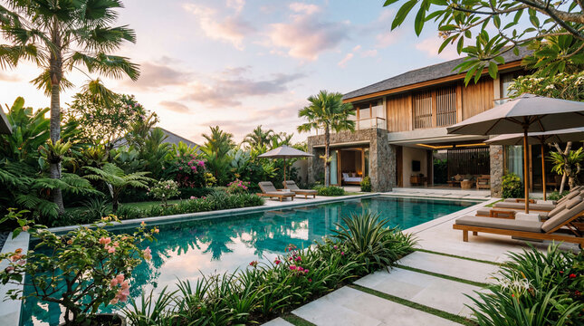 Private villa pool turquoise serene skies surrounded lush paradise luxury relaxation retreat escape destination getaway