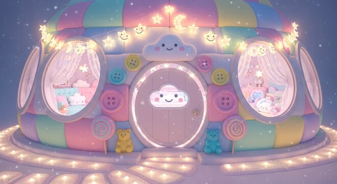 Casa de desenho animado colorida com detalhes l&uacute;dicos e ilumina&ccedil;&atilde;o suave para diversos usos.