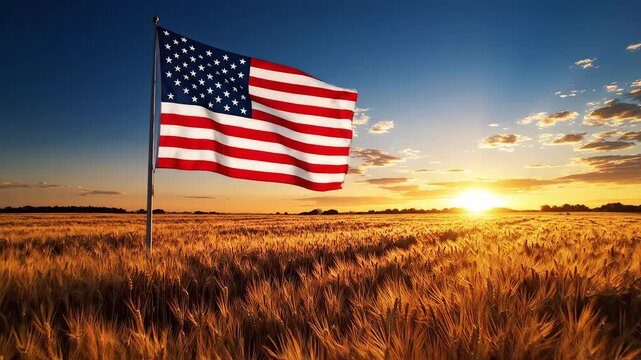 American flag in wheat field at sunset perfect for scenic backgrounds and natural storytelling