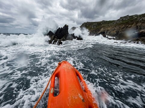 POV rescue tube heading toward dangerous rip current near jagged rocks intense ocean survival scene