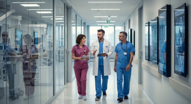 Profissionais de sa&uacute;de caminhando e conversando em um corredor de hospital moderno.