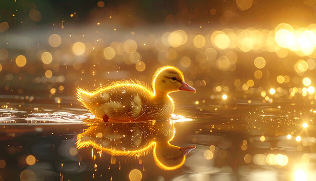 Pato nadando em luz dourada