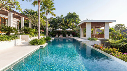 Fototapeta premium Luxury pool with clear blue water tropical garden framed by white stone architecture modern resort design