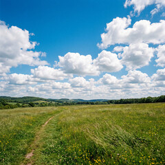 Obraz premium Clear blue sky fluffy white clouds over field peaceful nature background minimal weather landscape serenity