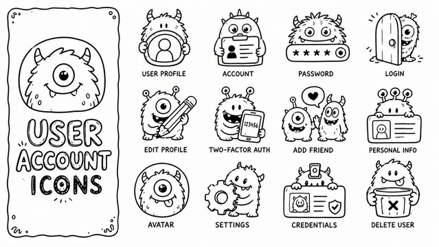 Playful monster user account icons for digital interfaces and security concepts